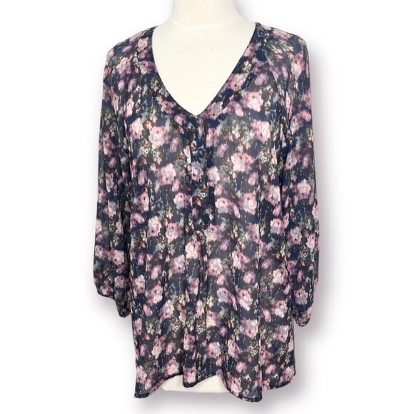 Stitch Fix NSR Blouse Purple Semi Sheer Watercolor Monet Floral Print Navy Top - Picture 1 of 7